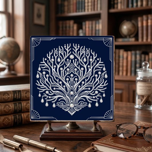 Art Deco Silver Tree Pearls Navy Marine タイル