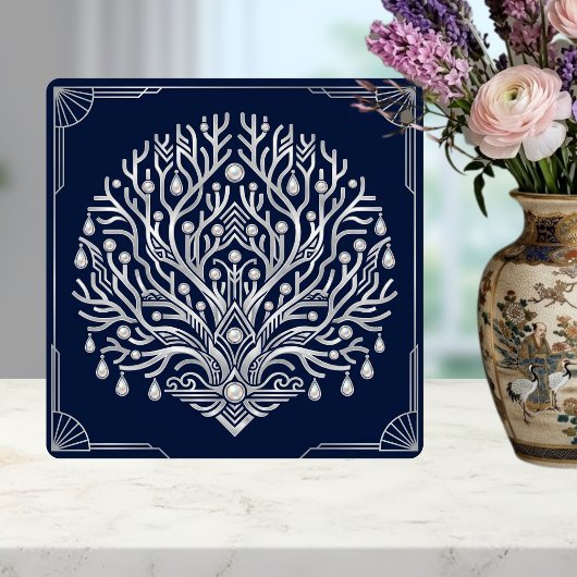 Art Deco Silver Tree Pearls Navy Marine タイル
