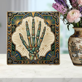 Art Deco Skeleton Hand Green Gold Geometric Design タイル