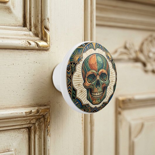 Art Deco Skull Emerald Green Orange Gold Ceramic  セラミックノブ