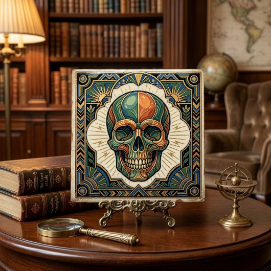 Art Deco Skull Emerald Green Orange Gold Ceramic T タイル