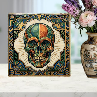 Art Deco Skull Emerald Green Orange Gold Ceramic T タイル