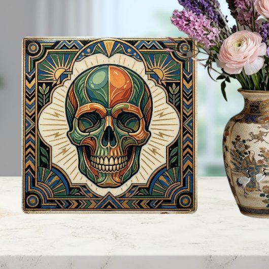 Art Deco Skull Emerald Green Orange Gold Ceramic T タイル