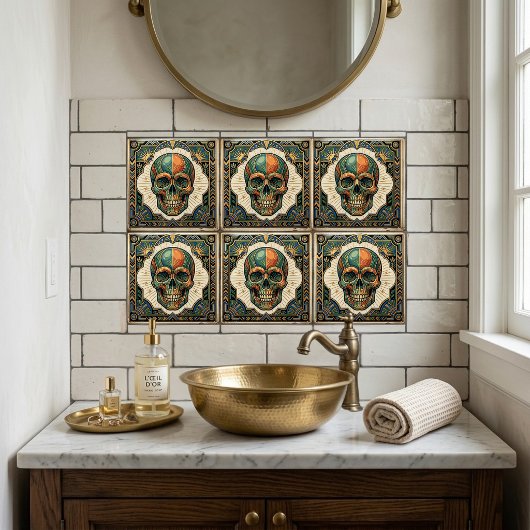 Art Deco Skull Emerald Green Orange Gold Ceramic T タイル