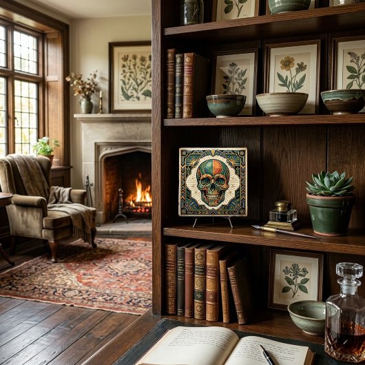 Art Deco Skull Emerald Green Orange Gold Ceramic T タイル