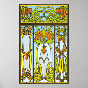 Art Deco Stained Glass Floral Print ポスター