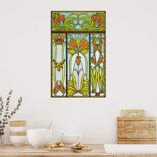 Art Deco Stained Glass Floral Print ポスター (キッチン)