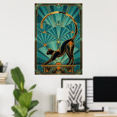 Art Deco Stretching Black Cat Wall Art ポスター (ホームオフィス)