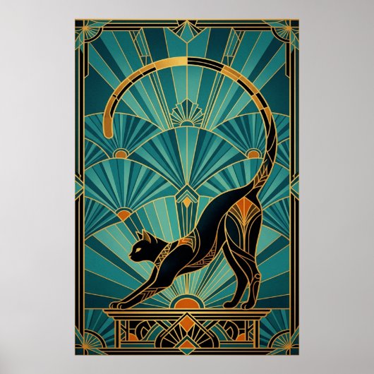 Art Deco Stretching Black Cat Wall Art ポスター (正面)