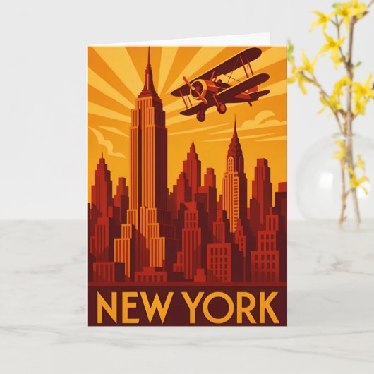 Art deco style New York skyline greetings card カード (黄色い花)
