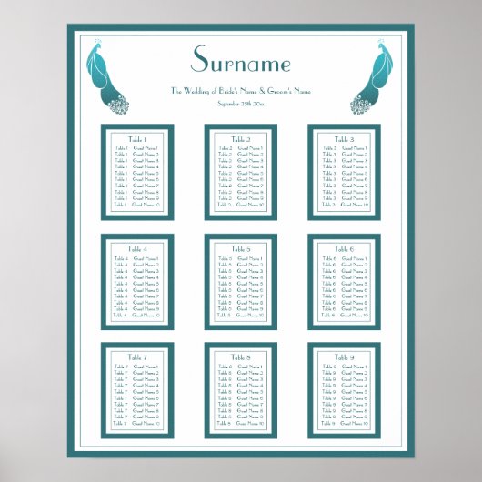 Art Deco Style Peacocks Wedding Seating Chart ポスター (正面)