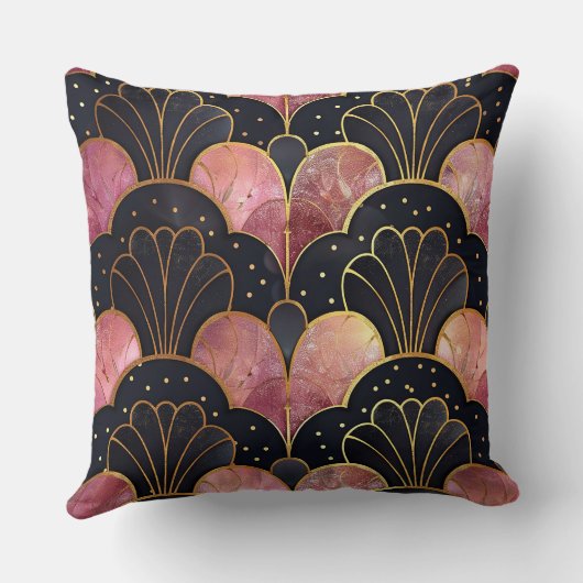 Art Deco Stylised Fans in Black & Pink クッション (裏面)