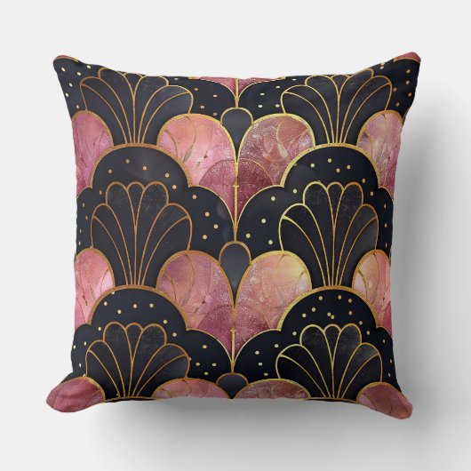 Art Deco Stylised Fans in Black & Pink クッション (正面)