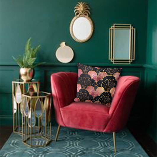 Art Deco Stylised Fans in Black & Pink クッション