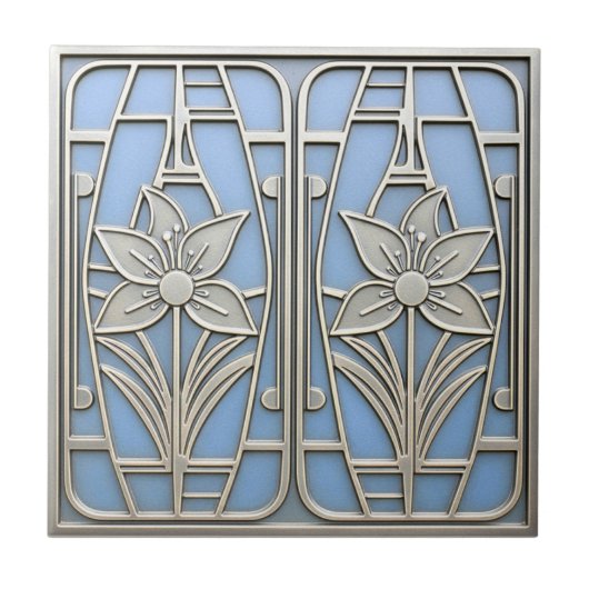 Art Deco Stylized Lily Floral #10 Blue ID1196 タイル (正面)