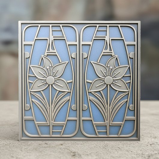 Art Deco Stylized Lily Floral #10 Blue ID1196 タイル