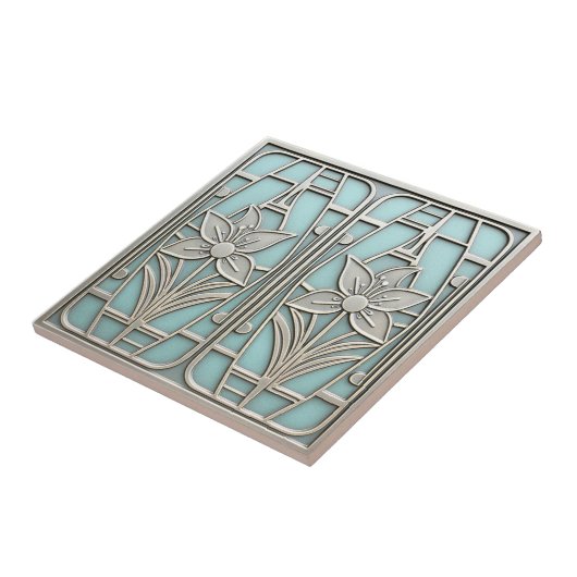 Art Deco Stylized Lily Floral #10 Teal ID1196 タイル (側面)
