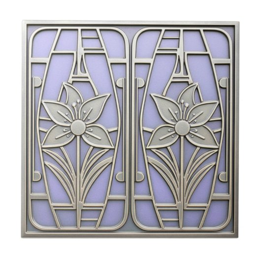 Art Deco Stylized Lily Floral #10 Violet ID1196 タイル (正面)