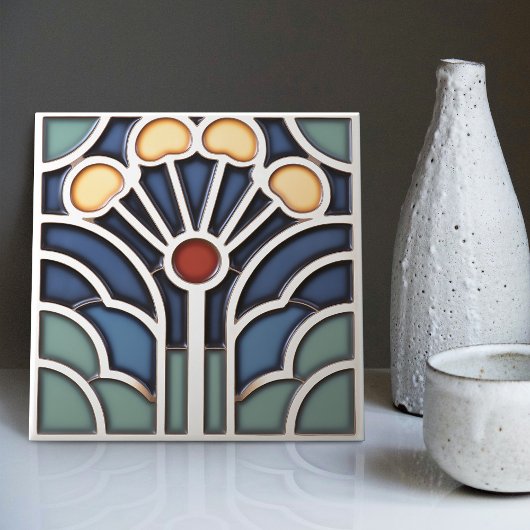 Art Deco Stylized Sunburst Tree Tile タイル