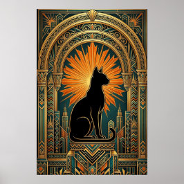 Art Deco Sunburst Black Cat Wall Art ポスター