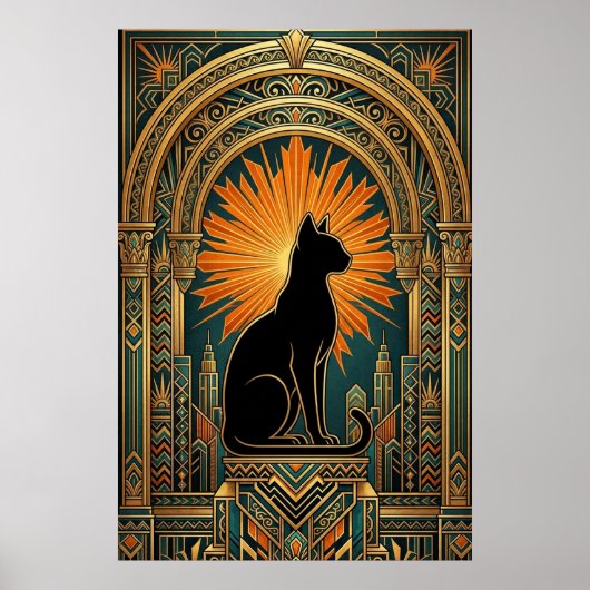 Art Deco Sunburst Black Cat Wall Art ポスター (正面)