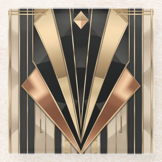 Art Deco Sunburst Geometric Luxury Design ガラスコースター (正面)