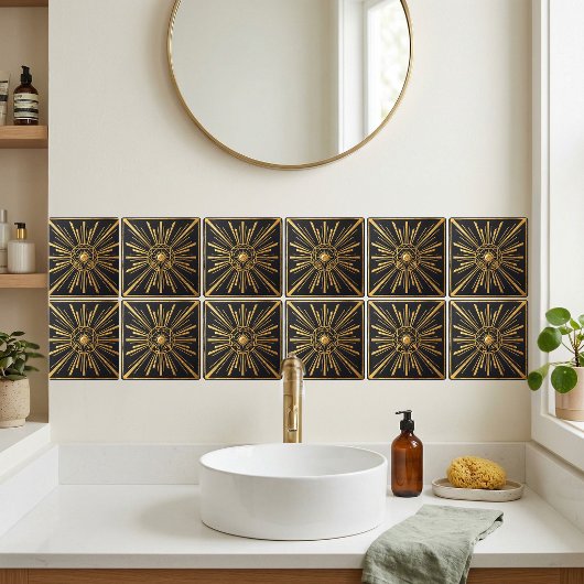 Art Deco Sunburst Gold Black Geometric Design タイル