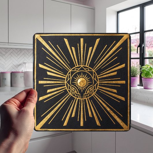 Art Deco Sunburst Gold Black Geometric Design タイル