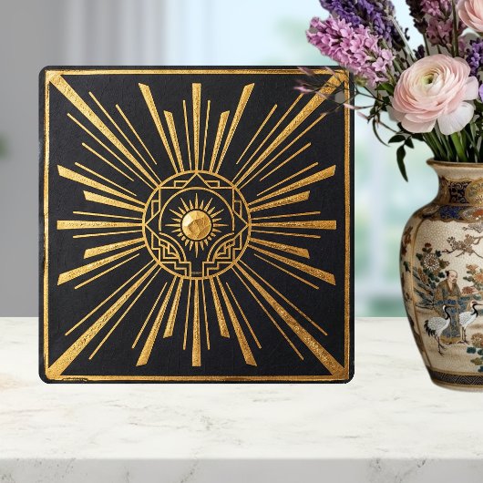 Art Deco Sunburst Gold Black Geometric Design タイル