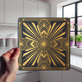 Art Deco Sunburst Gold Black Geometric Design タイル