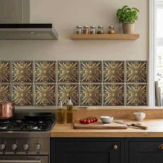 Art Deco Sunburst Gold Black Geometric Design タイル