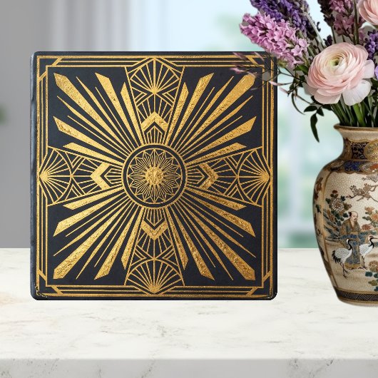 Art Deco Sunburst Gold Black Geometric Design タイル