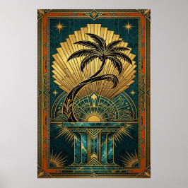 Art Deco Symmetrical Tree of Life Gold Teal Poster ポスター