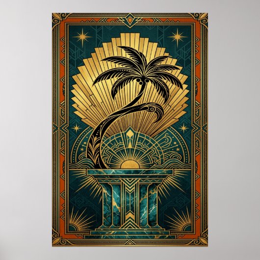 Art Deco Symmetrical Tree of Life Gold Teal Poster ポスター (正面)