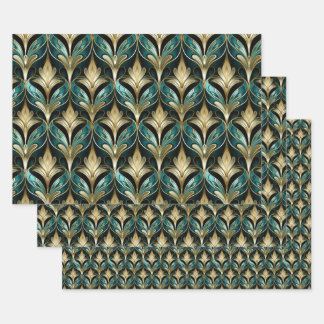 Art Deco Teal & Gold Fan Pattern Wrapping Paper ラッピングペーパーシート