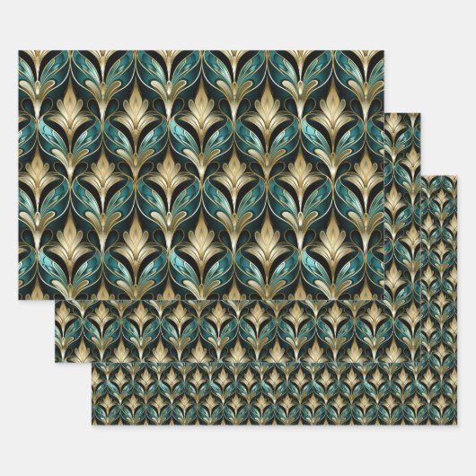 Art Deco Teal & Gold Fan Pattern Wrapping Paper ラッピングペーパーシート (セット)