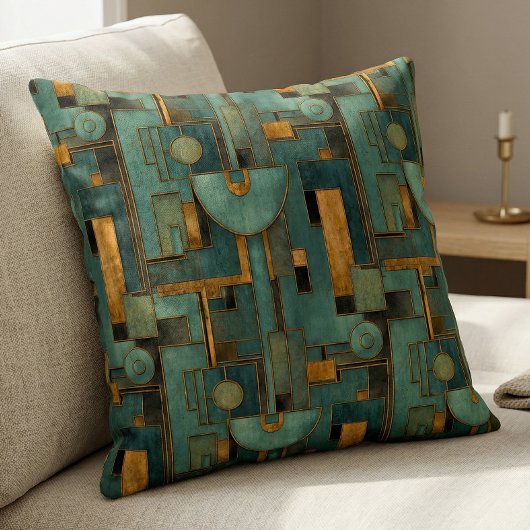 Art Deco Teal Gold Geometric Pattern クッション