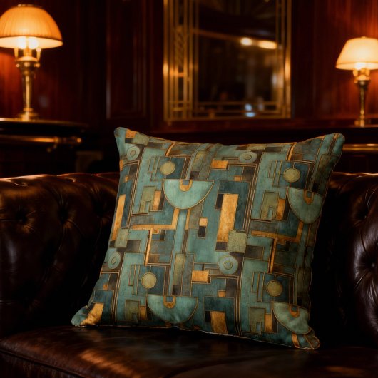 Art Deco Teal Gold Geometric Pattern クッション