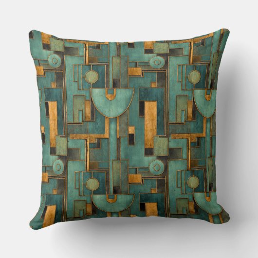 Art Deco Teal Gold Geometric Pattern クッション (裏面)