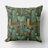 Art Deco Teal Gold Geometric Pattern クッション (正面)