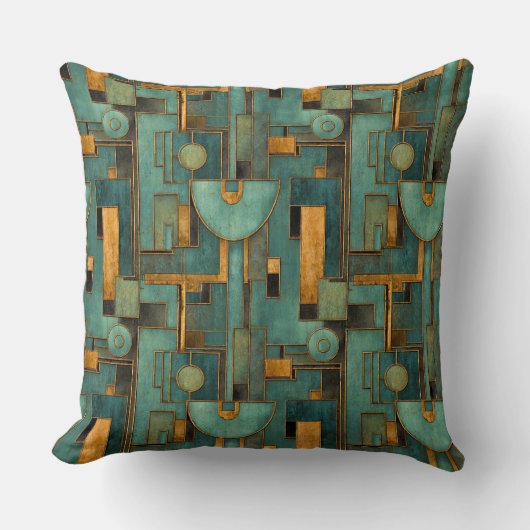 Art Deco Teal Gold Geometric Pattern クッション (正面)
