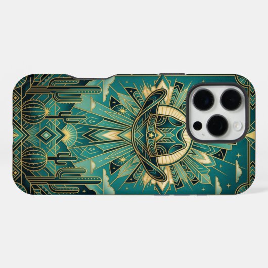 Art Deco Teal & Gold iPhone 16 Pro Max Case iPhoneケース (裏面横)
