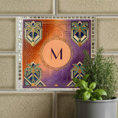 Art Deco Tropical Orange Palm Tree Monogram タイル