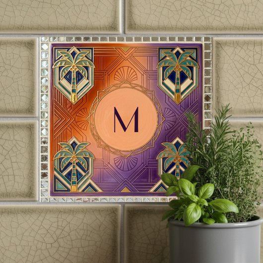 Art Deco Tropical Orange Palm Tree Monogram  タイル