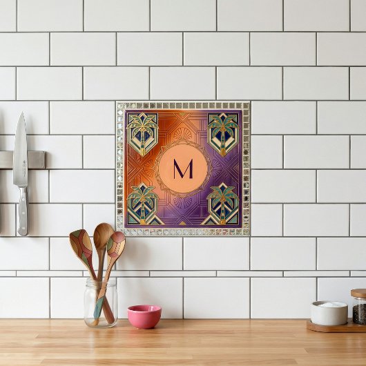 Art Deco Tropical Orange Palm Tree Monogram  タイル