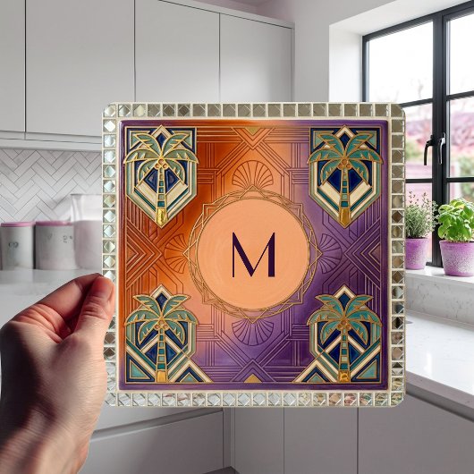Art Deco Tropical Orange Palm Tree Monogram  タイル