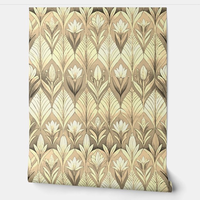 Art Deco Tulip Gold Sepia Pattern 壁紙 (ほどく)