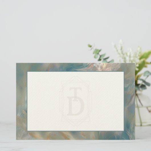 Art Deco Turquoise and Orange Marble Monogram 便箋 (スタンド正面)