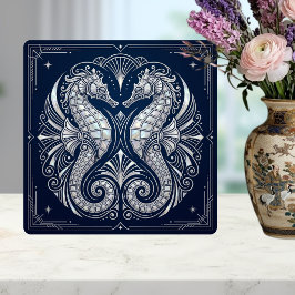 Art Deco Two Seahorses Mother of Pearl Blue タイル