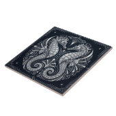 Art Deco Two Seahorses Mother of Pearl Blue タイル (側面)